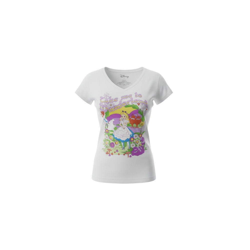 Disney Graphic Tee Womens Small White Alice in Wonderland V-Neck Short Sleeve